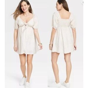 Ingrid & Isabel Peek A Boo Maternity Dress M Tan‎ Floral Tie Front Babydoll NEW